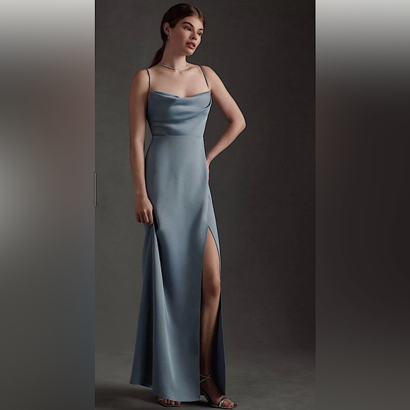 BHLDN Dresses & Skirts - 💙 BHLDN Remy Cowl-Neck Faux-Wrap Satin Charmeuse Gown. Dusty Blue. Size US 8.